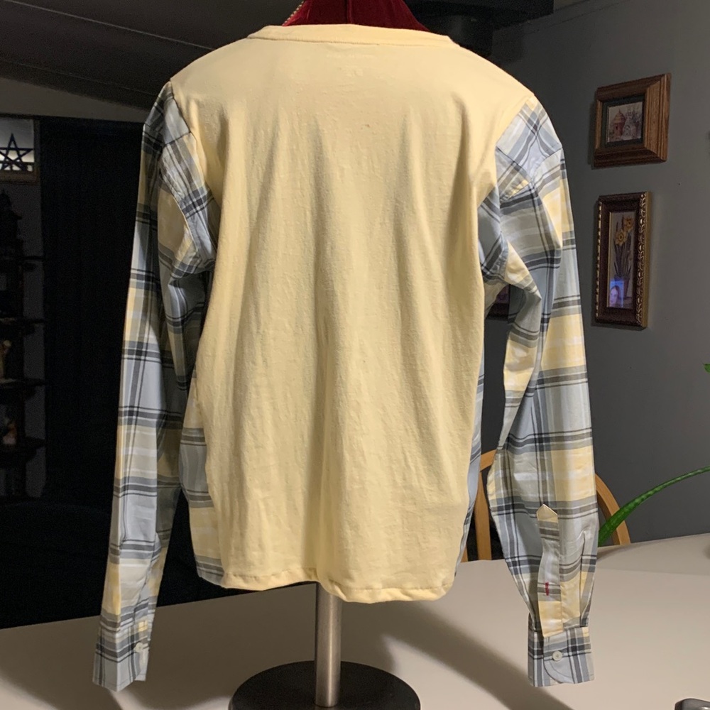 Upcycled “Find Peace Within”Yellow Graphic Tee with plaid Plaid Sleeves - Picture 5 of 7
